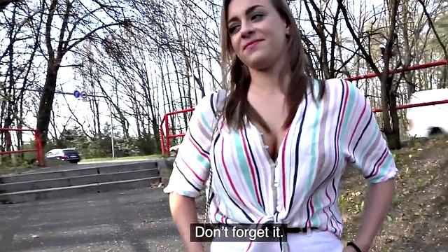 Picked up busty babe sucks dick outdoors