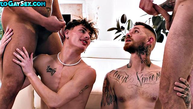 Tattooed anal stud and twink barebacked in orgy for facial