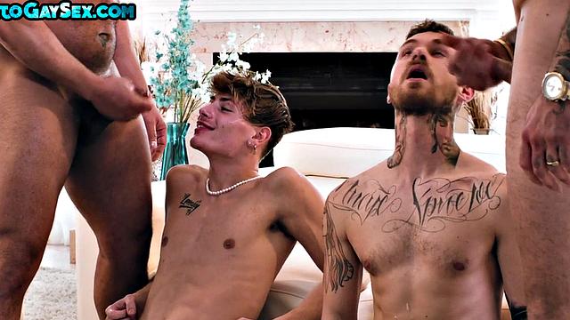Tattooed anal stud and twink barebacked in orgy for facial