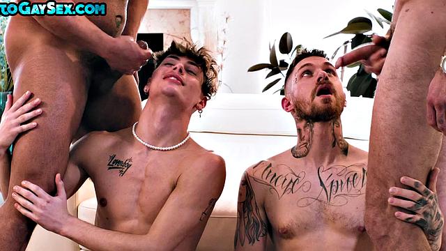 Tattooed anal stud and twink barebacked in orgy for facial