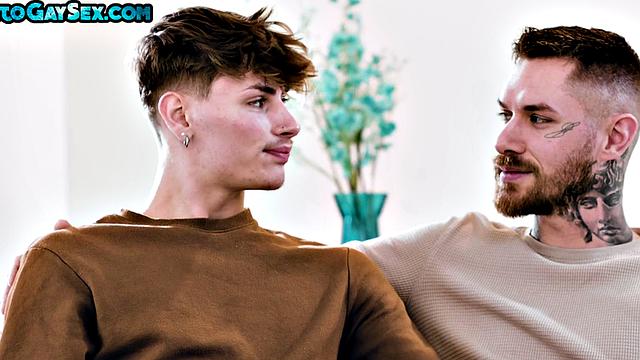 Tattooed anal stud and twink barebacked in orgy for facial