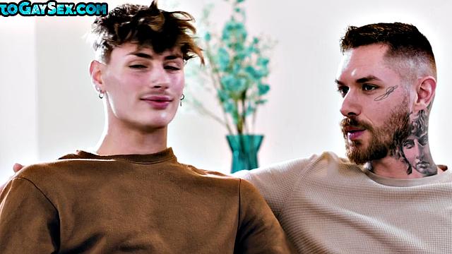 Tattooed anal stud and twink barebacked in orgy for facial