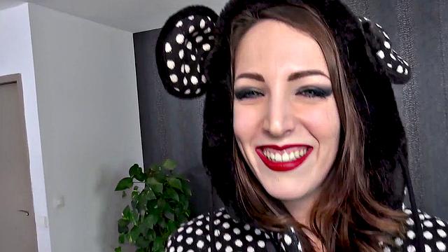 Stunning brunette plays with cum after cock riding