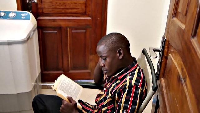 Real African student jerks black cock in solo