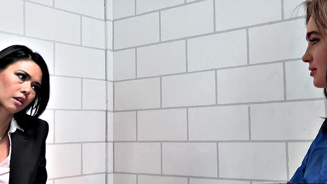 Anal small-titted hairy dyke fucked anally by toying lesbo