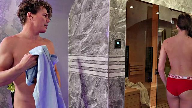 PIE4K. Slender babe enters sauna and catches handsome stranger