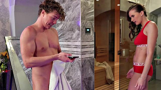 PIE4K. Slender babe enters sauna and catches handsome stranger