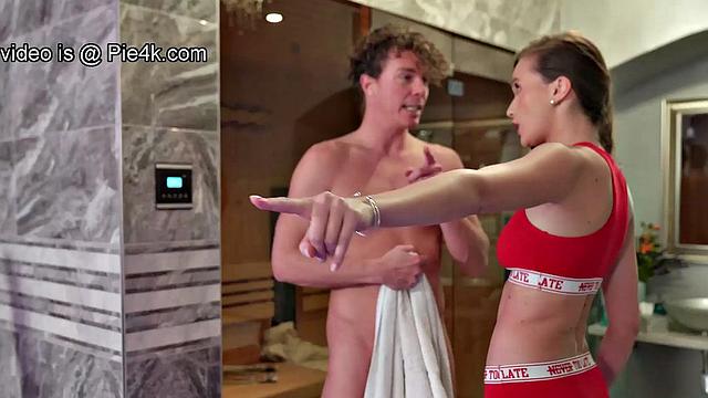 PIE4K. Slender babe enters sauna and catches handsome stranger