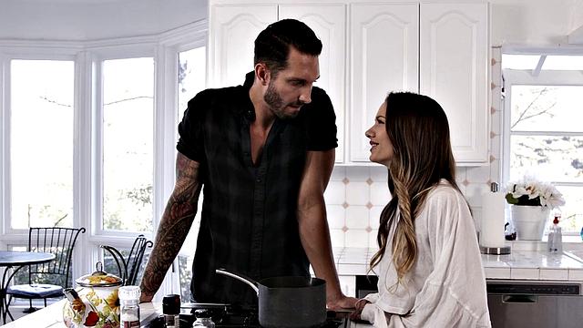 Hot tattooed teen with small tits gets a hot load on her face after intense sex in the kitchen