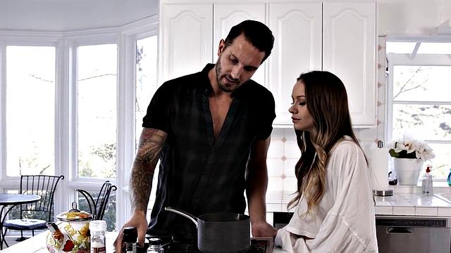 Hot tattooed teen with small tits gets a hot load on her face after intense sex in the kitchen