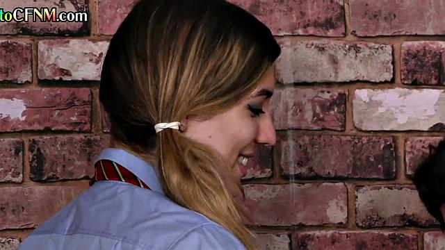 CFNM British college babes give group BJ to student