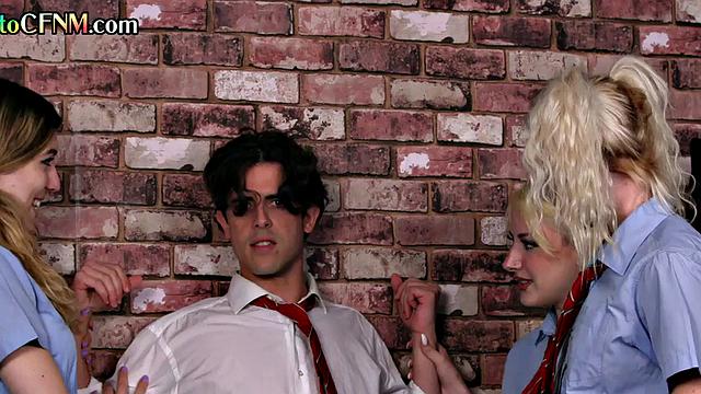 CFNM British college babes give group BJ to student