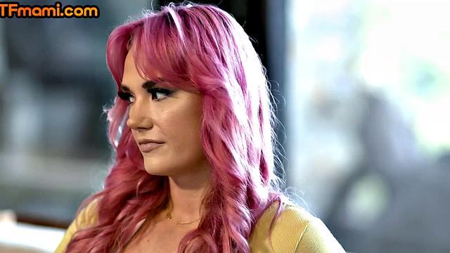 Pink-haired inked MILF with natural tits riding her stepson