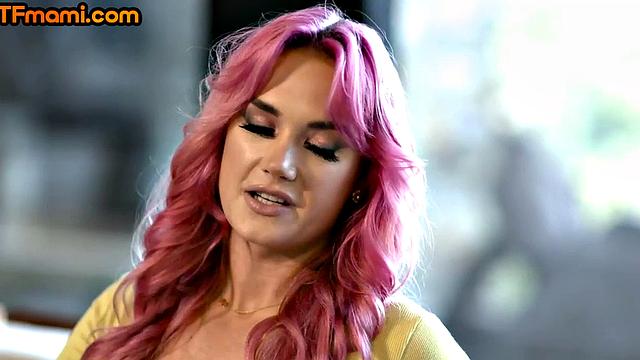 Pink-haired inked MILF with natural tits riding her stepson
