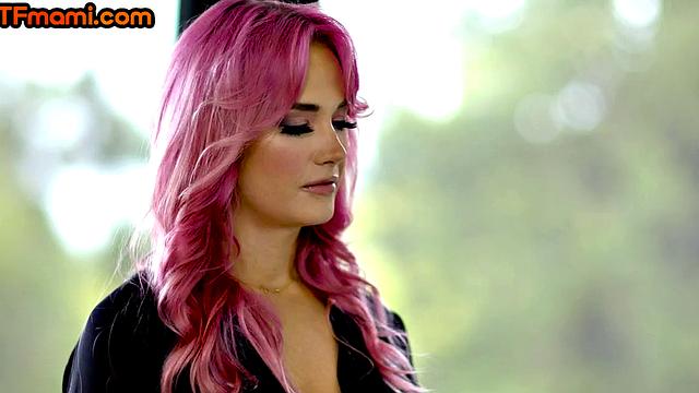 Pink-haired inked MILF with natural tits riding her stepson