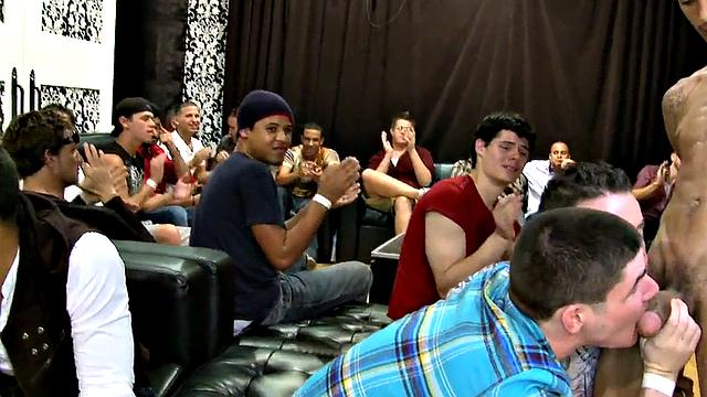 Real party male stripper gets blowjob by guys