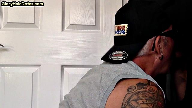 Inked gloryhole DILF sucks cock till jizz in mouth