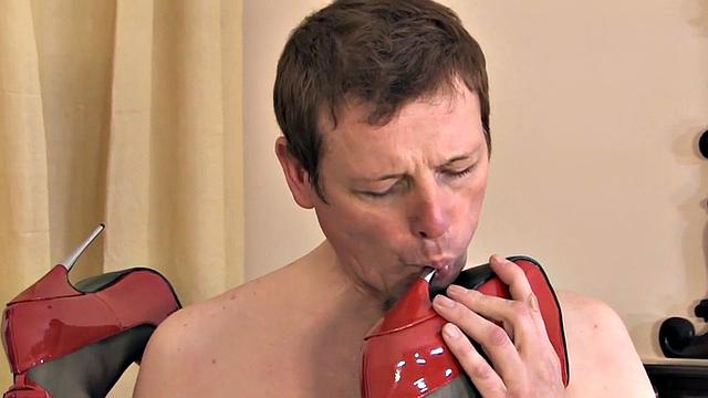 Strapon CFNM femdom fingers jerker with gloved hand