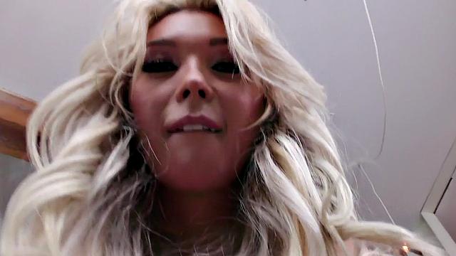 Busty inked tgirl riding bareback duo after showing ass