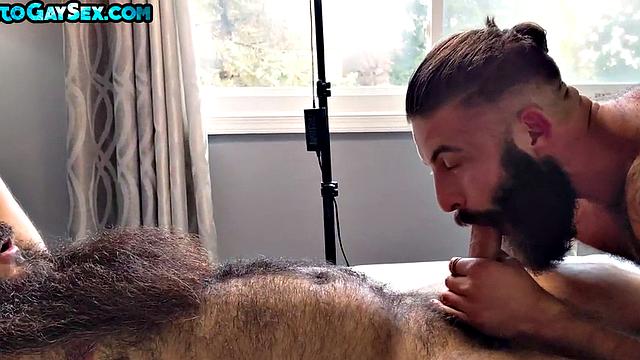 FTM hairy guy with pussy gets fucked by big bear at home