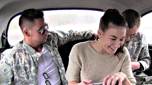 Hot cowgirl action with Marines in uniform and kissing in reverse cowgirl