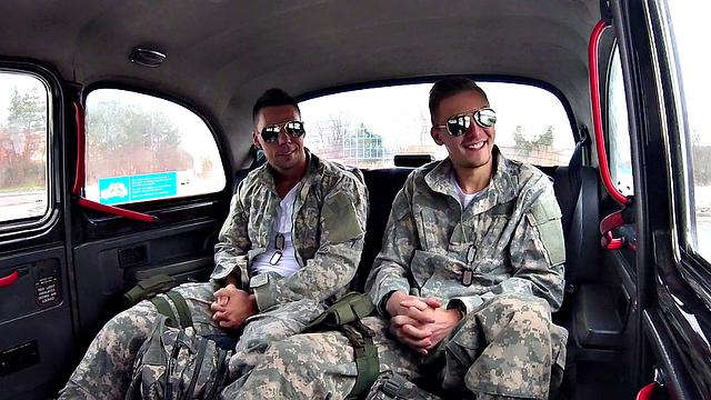 Hot cowgirl action with Marines in uniform and kissing in reverse cowgirl