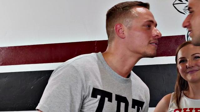 College bisexual 3some after game with a cheerleader