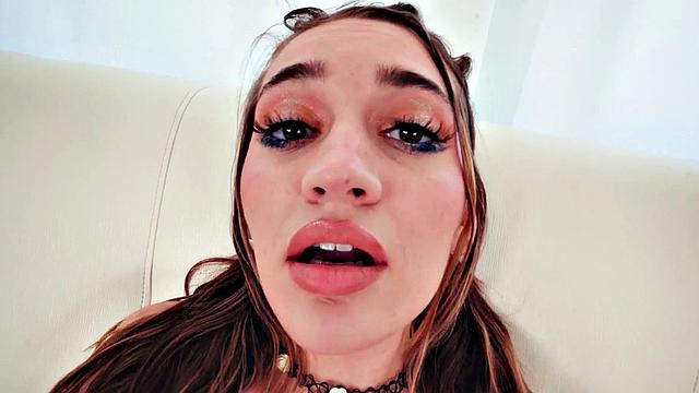 Deepthroating inked babe gagging on cock with dirty talk