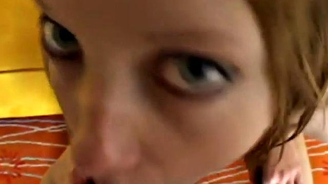 Watch this POV teen babe get off with her small tits & blow on a big cock