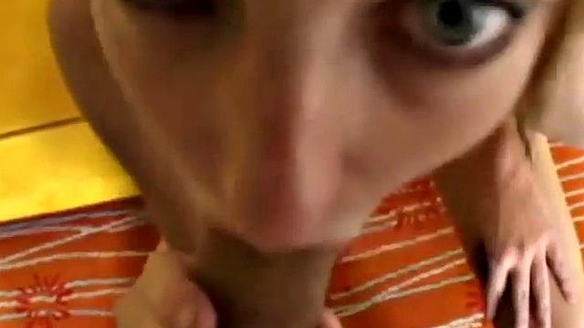 Watch this POV teen babe get off with her small tits & blow on a big cock