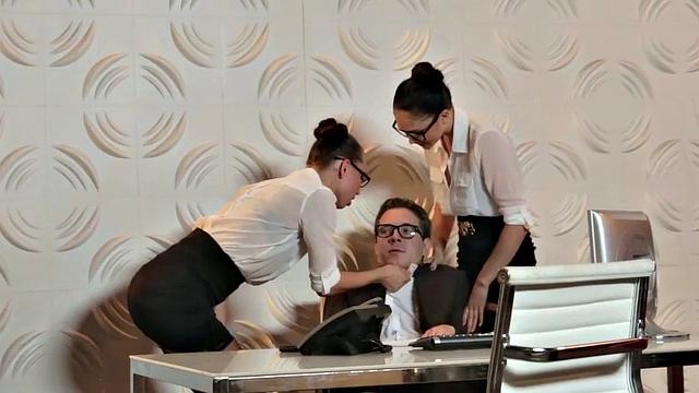 Office babes in lingerie share cock and jizz in 3way