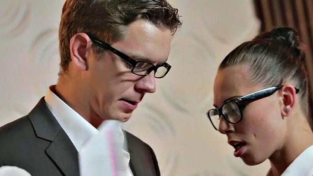 Office babes in lingerie share cock and jizz in 3way