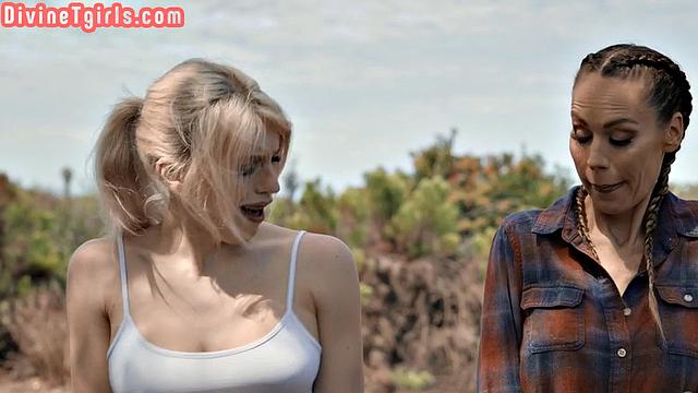 Big-titted babe smashed by blonde TS