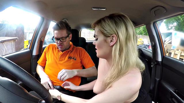 Blonde amateur with glasses & bra gets naughty in car & spooning with her doggy-style partner