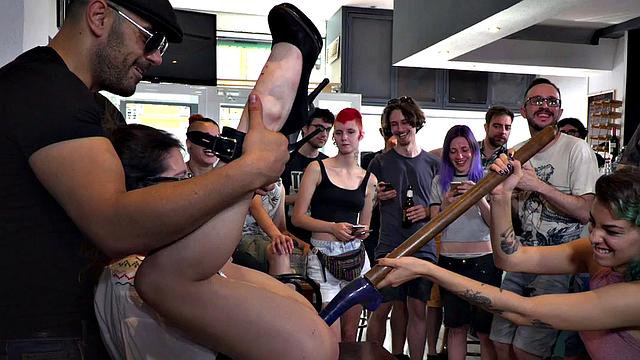 Ballgagged babe toyed and fucked in group