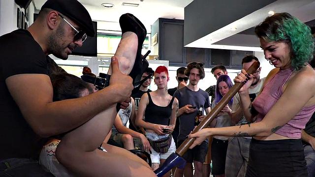 Ballgagged babe toyed and fucked in group