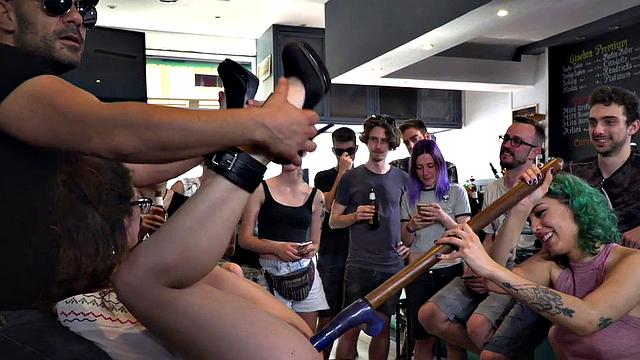 Ballgagged babe toyed and fucked in group