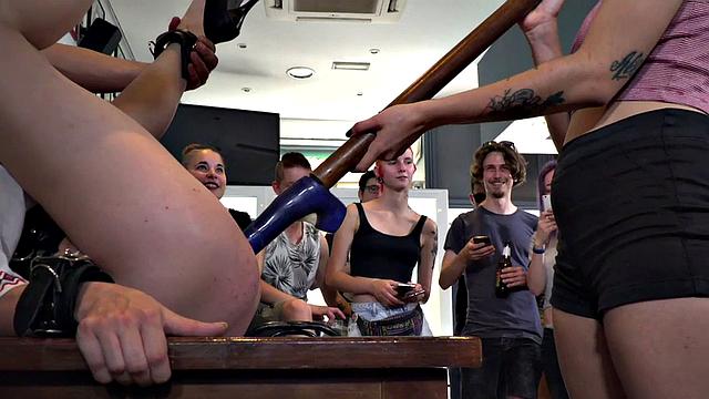 Ballgagged babe toyed and fucked in group