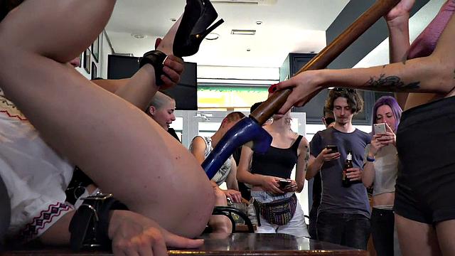 Ballgagged babe toyed and fucked in group