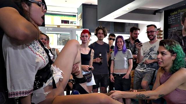 Ballgagged babe toyed and fucked in group