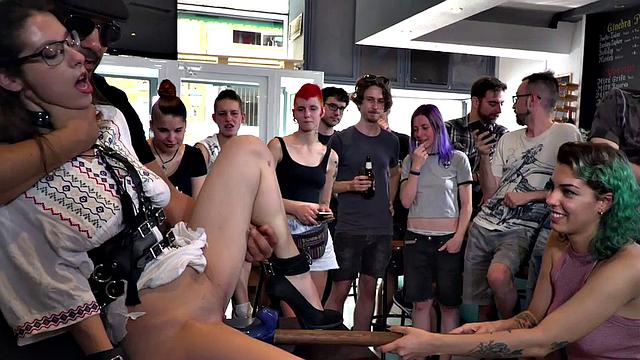 Ballgagged babe toyed and fucked in group