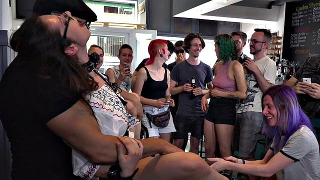 Ballgagged babe toyed and fucked in group