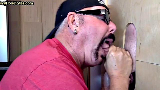 Mouthjizzed gaydaddy sucks gloryhole cock at home