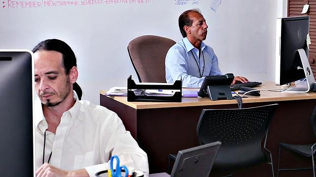 Boss and colleague double-penetrate their office bottomless threesome