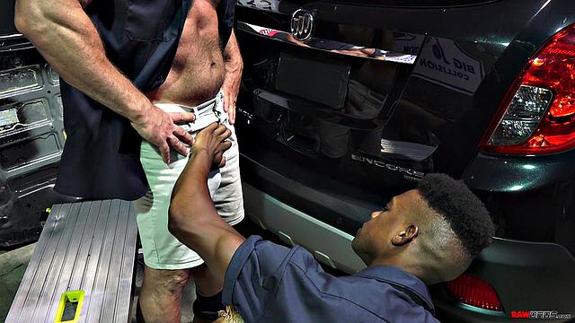 Adrian Hart gets his hands dirty with AJ Marshall's thick cock in a steamy mechanic hookup