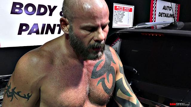 Adrian Hart gets his hands dirty with AJ Marshall's thick cock in a steamy mechanic hookup