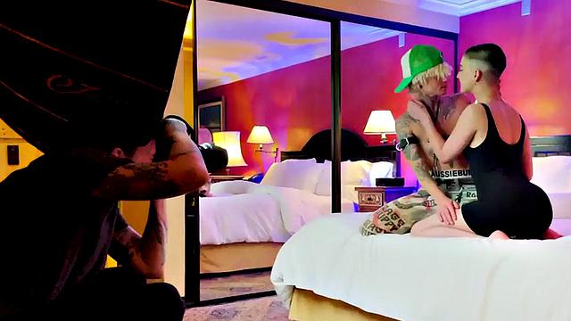 TS boy with babe in softcore kissing and cuddling BTS