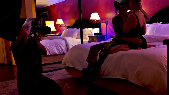 TS boy with babe in softcore kissing and cuddling BTS