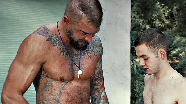 Tiny twink barebacked outdoors by tattooed hunk trainer