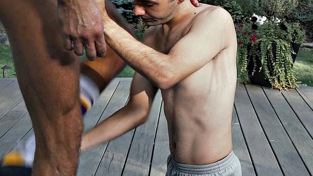 Tiny twink barebacked outdoors by tattooed hunk trainer